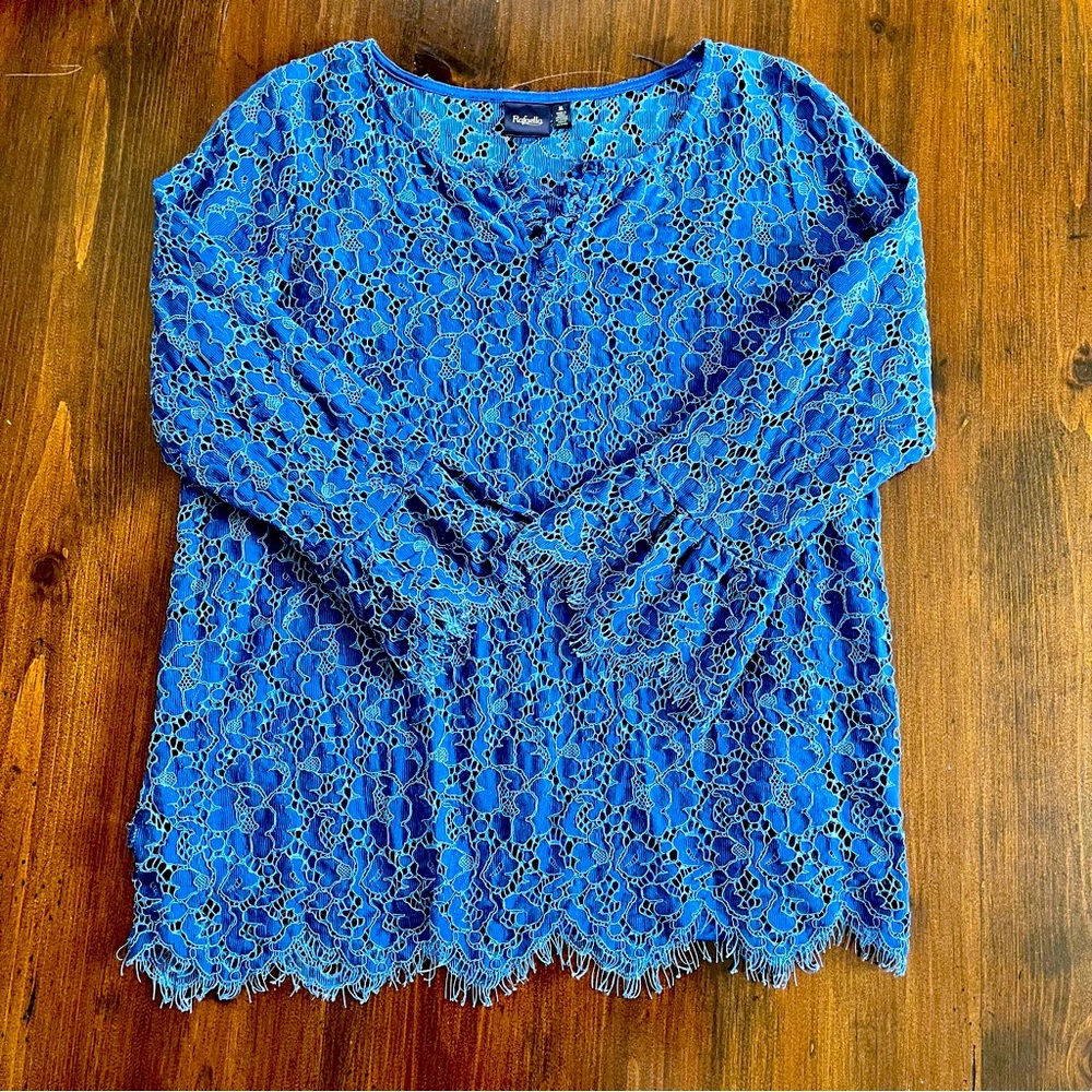 Blue lace blouse by Rafaela Size Medium. Like New 3/4 bell sleeve.